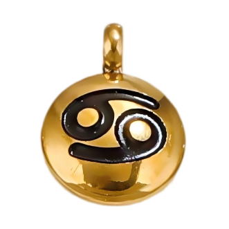 Cancer zodiac bean charm with a gold-tone appearance on white, 8 x 11 mm.