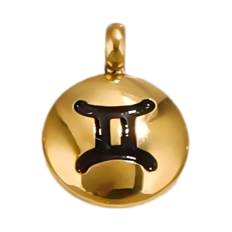Gemini zodiac bean charm with a gold-tone appearance on white, 8 x 11 mm.
