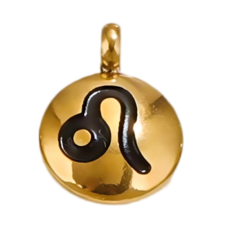 Leo zodiac bean charm with a gold-tone appearance on white, 8 x 11 mm.